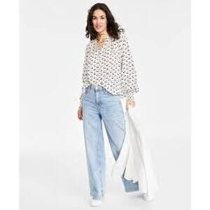 On 34th Ivory w/ Black Cherries Long Sleeve Silky V-neck Blouse Top Size 3X